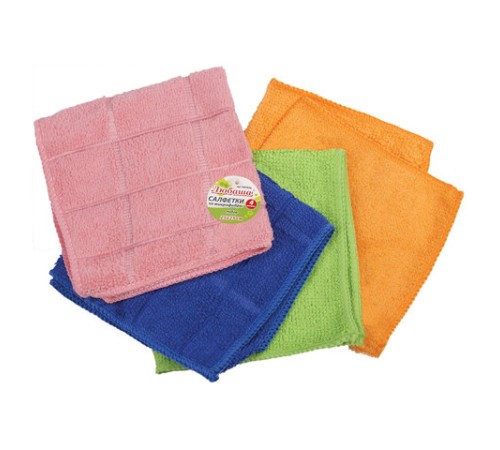 Салфетки из МИКРОФИБРЫ 25х25 см, КОМПЛЕКТ 4 шт. (2 стандарт, 2 клетка), 180 г/м2, ЛЮБАША, 603936