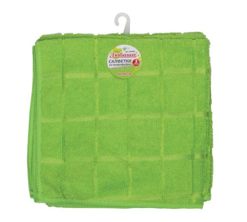 Салфетки из МИКРОФИБРЫ универсальные 40х40 см, КОМПЛЕКТ 3 шт., КЛЕТКА, зеленые, 220 г/м2, ЛЮБАША, 603948