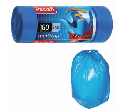 Мешки для мусора 160 л, с ушками, синие, рулон 10 шт., ПВД, 30 мкм, 90х125 см, PACLAN 