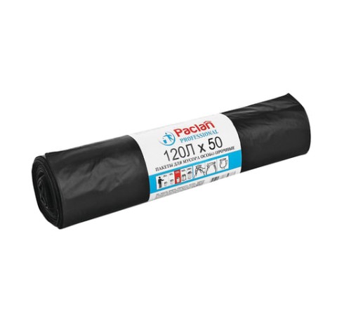 Мешки для мусора 120 л, черные, в рулоне 50 шт., ПВД, 20 мкм, 70х110 см, PACLAN 