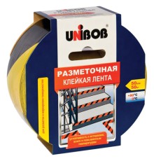 Клейкая лента разметочная 50 мм х 50 м, желто-черная, UNIBOB, основа-ПВХ, европодвес, 48905