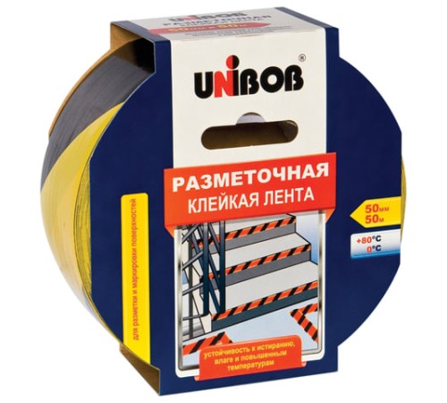 Клейкая лента разметочная 50 мм х 50 м, желто-черная, UNIBOB, основа-ПВХ, европодвес, 48905