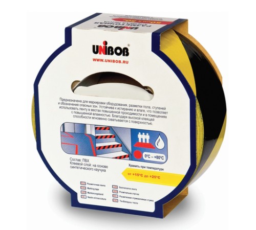 Клейкая лента разметочная 50 мм х 50 м, желто-черная, UNIBOB, основа-ПВХ, европодвес, 48905