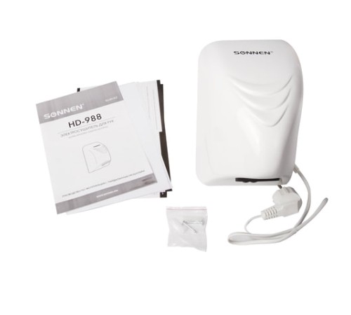 Сушилка для рук SONNEN HD-988, 850 Вт, пластиковый корпус, белая, 604189