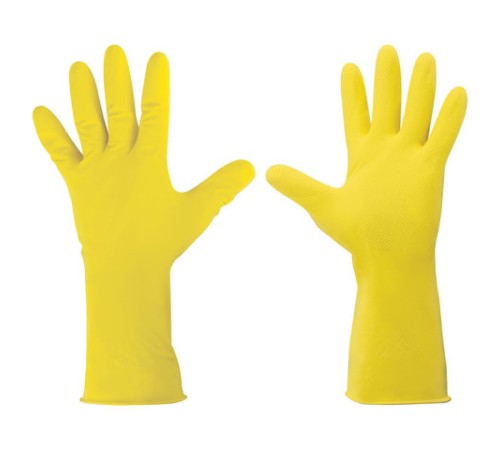 Перчатки МНОГОРАЗОВЫЕ латексные ОФИСМАГ, хлопчатобумажное напыление, размер 8-9, L (большой), желтые, вес 44 г, 604199