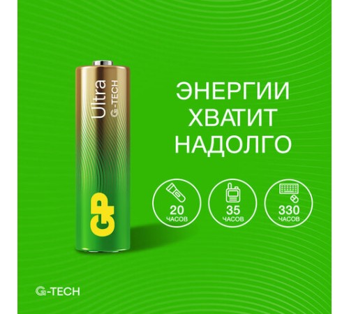 Батарейки КОМПЛЕКТ 2 шт., GP Ultra G-Tech, AA (LR6,15А), алкалиновые, пальчиковые, 15AUA21-2CRSBC2