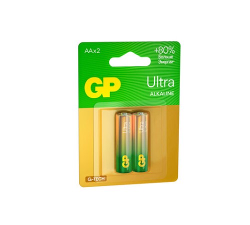 Батарейки КОМПЛЕКТ 2 шт., GP Ultra G-Tech, AA (LR6,15А), алкалиновые, пальчиковые, 15AUA21-2CRSBC2