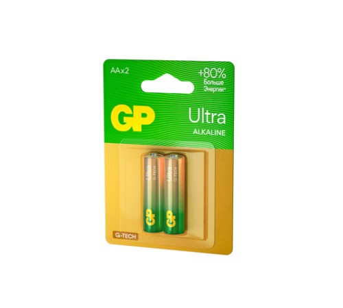 Батарейки КОМПЛЕКТ 2 шт., GP Ultra G-Tech, AA (LR6,15А), алкалиновые, пальчиковые, 15AUA21-2CRSBC2