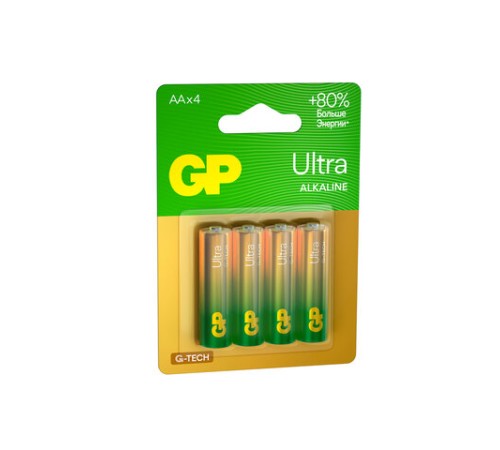 Батарейки КОМПЛЕКТ 4 шт., GP Ultra G-Tech, AA (LR6, 15А), алкалиновые, пальчиковые, 15AUA21-2CRSBC4
