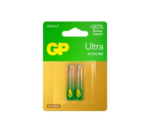 Батарейки КОМПЛЕКТ 2 шт., GP Ultra G-Tech, AAA (LR03, 24А), алкалиновые, мизинчиковые, 24AUA21-2CRSBC2