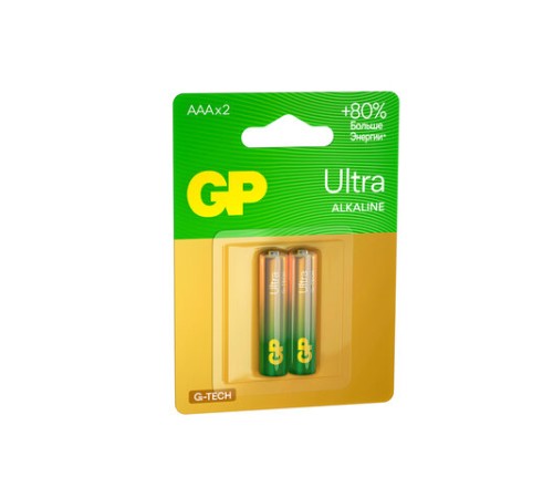 Батарейки КОМПЛЕКТ 2 шт., GP Ultra G-Tech, AAA (LR03, 24А), алкалиновые, мизинчиковые, 24AUA21-2CRSBC2