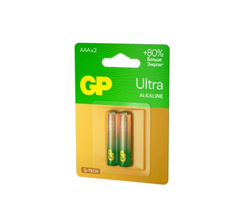 Батарейки КОМПЛЕКТ 2 шт., GP Ultra G-Tech, AAA (LR03, 24А), алкалиновые, мизинчиковые, 24AUA21-2CRSBC2