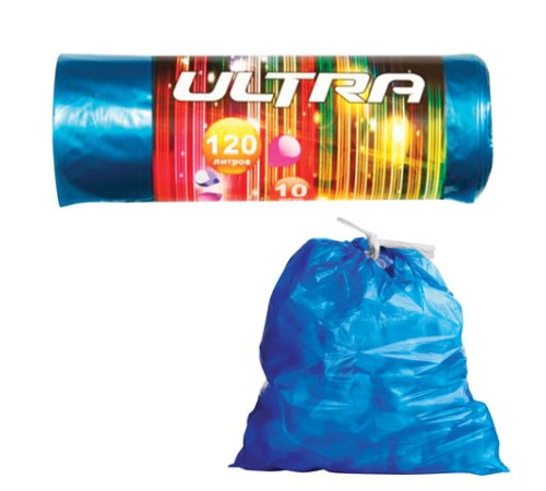 Мешки для мусора 120 л, с завязками, синие, в рулоне 10 шт., ПВД, 30 мкм, 70х110 см, КБ, 