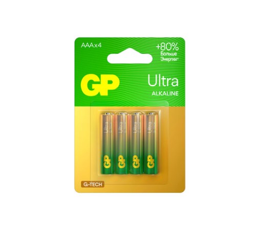 Батарейки КОМПЛЕКТ 4 шт., GP Ultra G-Tech, AAA (LR03, 24А), алкалиновые, мизинчиковые, 24AUA21-2CRSBC4