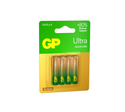 Батарейки КОМПЛЕКТ 4 шт., GP Ultra G-Tech, AAA (LR03, 24А), алкалиновые, мизинчиковые, 24AUA21-2CRSBC4