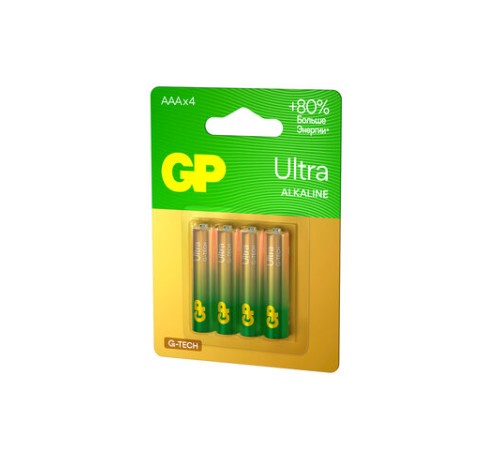 Батарейки КОМПЛЕКТ 4 шт., GP Ultra G-Tech, AAA (LR03, 24А), алкалиновые, мизинчиковые, 24AUA21-2CRSBC4