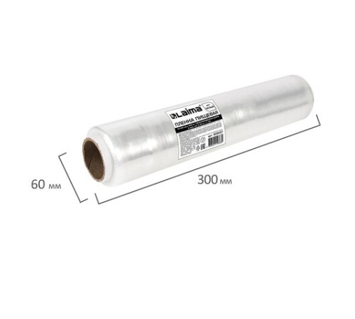 Пленка пищевая ПЭ 300 мм х 200 м, ГАРАНТИРОВАННАЯ ДЛИНА, 6 мкм, вес нетто 0,32 кг ±5%, LAIMA, 605037