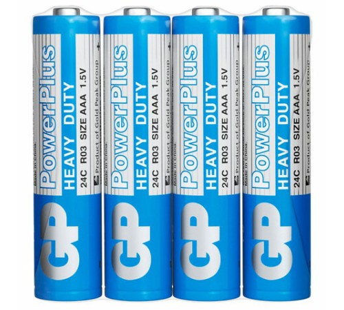 Батарейки КОМПЛЕКТ 4 шт., GP PowerPlus AAA (R03, 24G), солевые, мизинчиковые, в пленке, 24CEBRA-2S4 Батарейки КОМПЛЕКТ 4 шт., GP PowerPlus AAA (R03, 24G), солевые, мизинчиковые, в пленке, 24CEBRA-2S4