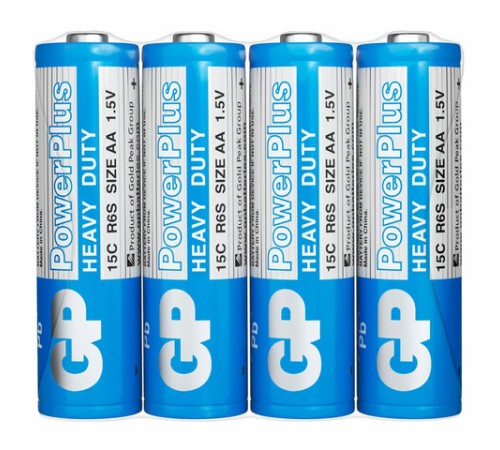 Батарейки КОМПЛЕКТ 4 шт., GP PowerPlus AA (R6, 15G), солевые, пальчиковые, в пленке, 15CEBRA-2S4 Батарейки КОМПЛЕКТ 4 шт., GP PowerPlus AA (R6, 15G), солевые, пальчиковые, в пленке, 15CEBRA-2S4