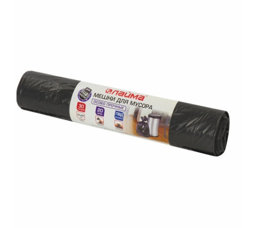 Мешки для мусора 30 л, черные, в рулоне 20 шт., особо прочные, ПВД 20 мкм, 50х60 см, LAIMA, 605330