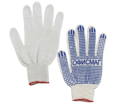 Перчатки хлопчатобумажные, КОМПЛЕКТ 5 ПАР, 10 класс, 40-42 г, 116 текс, ПВХ точка, ОФИСМАГ ЛЮКС, БЕЛЫЕ, 605504