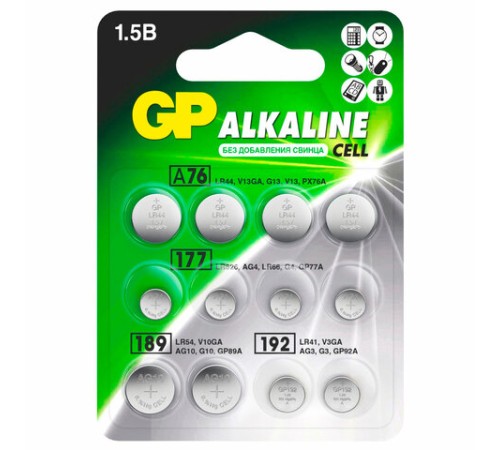Батарейки НАБОР 12 шт. (А76 – 4 шт., 177 – 4 шт., 189 – 2 шт., 192 – 2 шт.), GP Alkaline, блистер, ACM02F-2CR12
