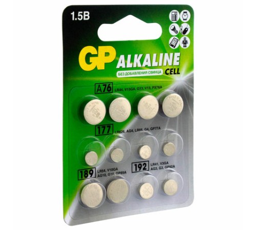 Батарейки НАБОР 12 шт. (А76 – 4 шт., 177 – 4 шт., 189 – 2 шт., 192 – 2 шт.), GP Alkaline, блистер, ACM02F-2CR12