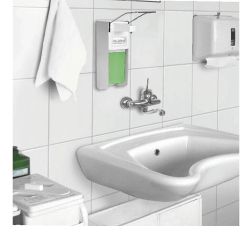 Дозатор локтевой для жидкого мыла и геля-антисептика, с еврофлаконом 1 л, LAIMA, металлический, 605706