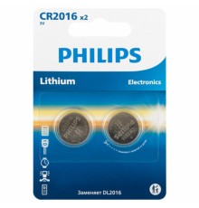 Батарейки литиевые PHILIPS Lithium CR2016, таблетки, дисковые, кнопочные, КОМПЛЕКТ 2 шт., в блистере, Б0064674