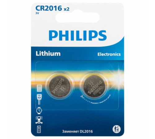 Батарейки литиевые PHILIPS Lithium CR2016, таблетки, дисковые, кнопочные, КОМПЛЕКТ 2 шт., в блистере, Б0064674 Батарейки литиевые PHILIPS Lithium CR2016, таблетки, дисковые, кнопочные, КОМПЛЕКТ 2 шт., в блистере, Б0064674