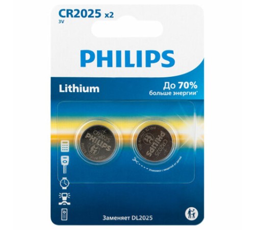 Батарейки литиевые PHILIPS Lithium CR2025, таблетки, дисковые, кнопочные, КОМПЛЕКТ 2 шт., в блистере, Б0064660 Батарейки литиевые PHILIPS Lithium CR2025, таблетки, дисковые, кнопочные, КОМПЛЕКТ 2 шт., в блистере, Б0064660