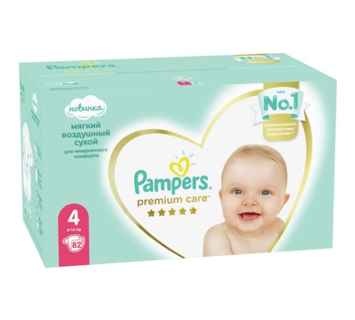 Подгузники 82 шт. PAMPERS (Памперс) Premium Care, размер 4 (9-14 кг), 1210801
