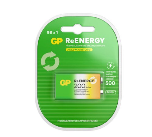 Батарейка аккумуляторная GP ReEnergy Ni-Mh 1 шт., "Крона" (20R8H 9V), 200 mAh, 20R8HRGY-2CRCB1 Батарейка аккумуляторная GP ReEnergy Ni-Mh 1 шт., "Крона" (20R8H 9V), 200 mAh, 20R8HRGY-2CRCB1