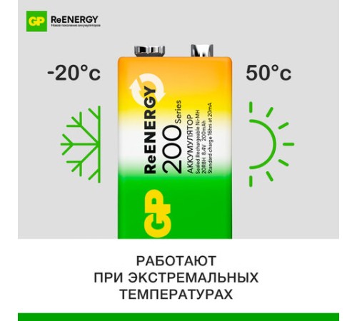 Батарейка аккумуляторная GP ReEnergy Ni-Mh 1 шт., "Крона" (20R8H 9V), 200 mAh, 20R8HRGY-2CRCB1 Батарейка аккумуляторная GP ReEnergy Ni-Mh 1 шт., "Крона" (20R8H 9V), 200 mAh, 20R8HRGY-2CRCB1
