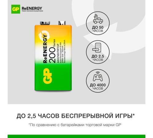 Батарейка аккумуляторная GP ReEnergy Ni-Mh 1 шт., "Крона" (20R8H 9V), 200 mAh, 20R8HRGY-2CRCB1 Батарейка аккумуляторная GP ReEnergy Ni-Mh 1 шт., "Крона" (20R8H 9V), 200 mAh, 20R8HRGY-2CRCB1