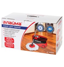 Швабра с отжимом и ведром 19л/9л на колесах и ручкой для перевозки, отжим центрифуга, 2 круглые насадки, черно-красный, LAIMA, 606303, M029B