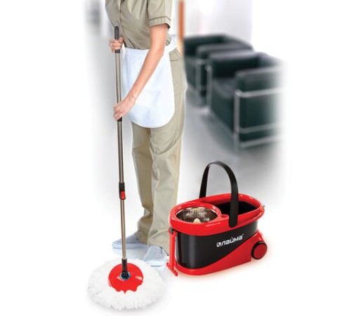 Швабра с отжимом и ведром 19л/9л на колесах и ручкой для перевозки, отжим центрифуга, 2 круглые насадки, черно-красный, LAIMA, 606303, M029B