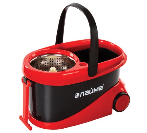 Швабра с отжимом и ведром 19л/9л на колесах и ручкой для перевозки, отжим центрифуга, 2 круглые насадки, черно-красный, LAIMA, 606303, M029B