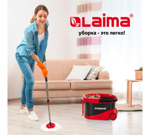 Швабра с отжимом и ведром 19л/9л на колесах и ручкой для перевозки, отжим центрифуга, 2 круглые насадки, черно-красный, LAIMA, 606303, M029B