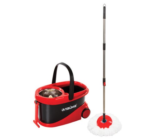 Швабра с отжимом и ведром 19л/9л на колесах и ручкой для перевозки, отжим центрифуга, 2 круглые насадки, черно-красный, LAIMA, 606303, M029B