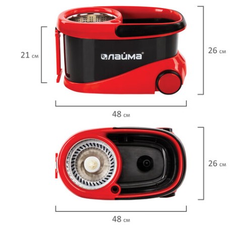 Швабра с отжимом и ведром 19л/9л на колесах и ручкой для перевозки, отжим центрифуга, 2 круглые насадки, черно-красный, LAIMA, 606303, M029B