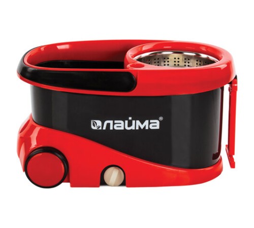 Швабра с отжимом и ведром 19л/9л на колесах и ручкой для перевозки, отжим центрифуга, 2 круглые насадки, черно-красный, LAIMA, 606303, M029B