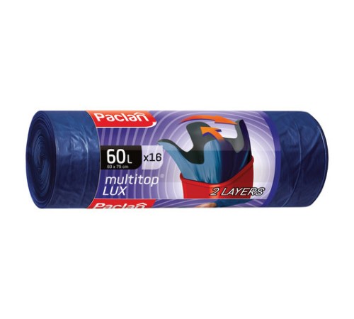 Мешки для мусора 60 л, с ушками, синие, рулон 16 шт., ПВД, 30 мкм, 60х75 см, PACLAN 