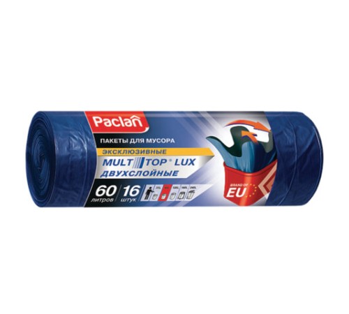 Мешки для мусора 60 л, с ушками, синие, рулон 16 шт., ПВД, 30 мкм, 60х75 см, PACLAN 