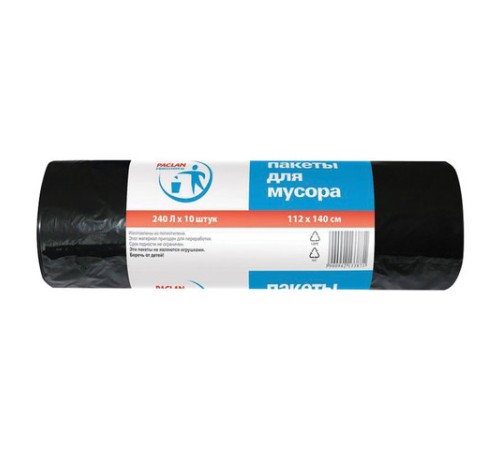 Мешки для мусора 240 л, черные, в рулоне 10 шт., ПВД, 30 мкм, 112х140 см, PACLAN Professional, 1338717