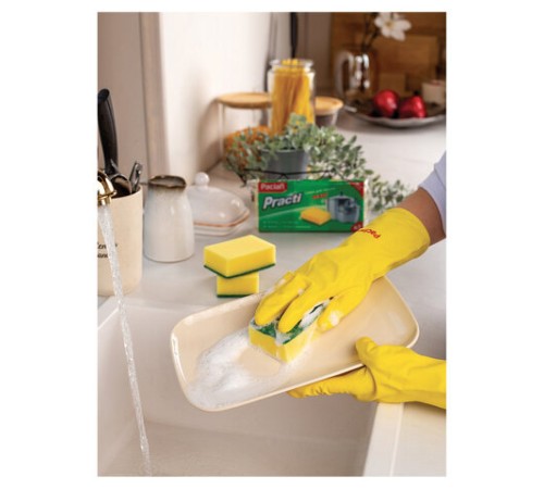 Губки бытовые для мытья посуды, КОМПЛЕКТ 3 шт., чистящий слой (абразив), PACLAN 