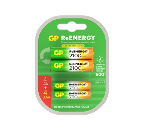 Батарейки аккумуляторные GP ReEnergy Ni-Mh НАБОР 8 шт. (ПРОМО 4+4), AA+ААА (HR6+HR03), 2000 mAh + 750 mAh, 210AAHC/75AAAHC Батарейки аккумуляторные GP ReEnergy Ni-Mh НАБОР 8 шт. (ПРОМО 4+4), AA+ААА (HR6+HR03), 2000 mAh + 750 mAh, 210AAHC/75AAAHC