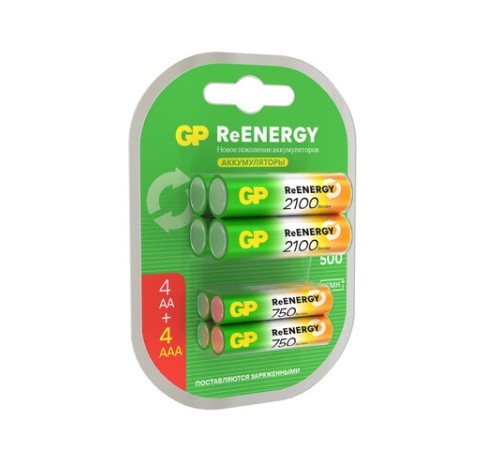 Батарейки аккумуляторные GP ReEnergy Ni-Mh НАБОР 8 шт. (ПРОМО 4+4), AA+ААА (HR6+HR03), 2000 mAh + 750 mAh, 210AAHC/75AAAHC Батарейки аккумуляторные GP ReEnergy Ni-Mh НАБОР 8 шт. (ПРОМО 4+4), AA+ААА (HR6+HR03), 2000 mAh + 750 mAh, 210AAHC/75AAAHC