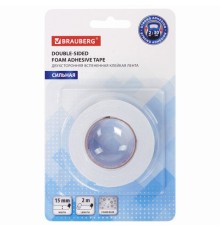 Клейкая двухсторонняя лента 15 мм х 2 м, НА ВСПЕНЕННОЙ ОСНОВЕ 1 мм, прочная, BRAUBERG, блистер, 606418