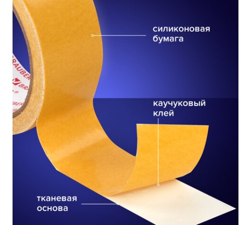 Клейкая двухсторонняя лента 38 мм х 10 м, ТКАНЕВАЯ ОСНОВА, BRAUBERG, 606428